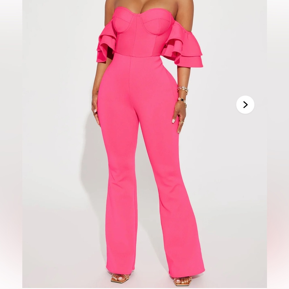 NWT FashionNova 1X Off Shoulder Ruffle Sleeve Corset Bodycon Flare Jumpsuit Pink